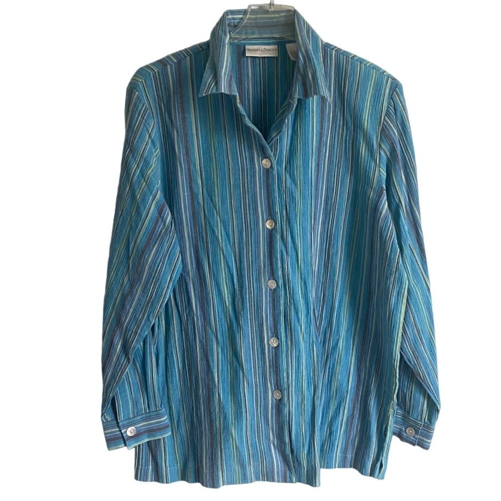 Draper's & Damon's Button Up Top Blue Yellow Stripes Women's Size Large NEW NWT